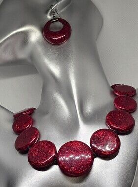 Gorgeous Chunky Cranberry Red Metallic Resin Statement Necklace 18” Earrings Set